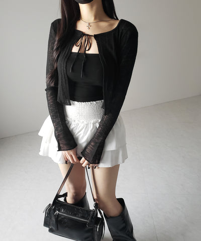 【 ２color 】フロントリボンシアーニットショートカーディガン ／ front ribbon sheer knit short cardigan