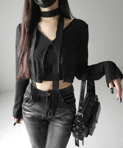 【 ２color ／ ２WAY 】チョーカーロングタイ付きショートシアーカーディガン ／ choker long tie set short sheer cardigan