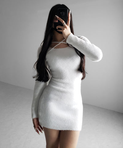 クロスストラップシャギーニットミニワンピース ／ cross strap shaggy knit mini onepiece