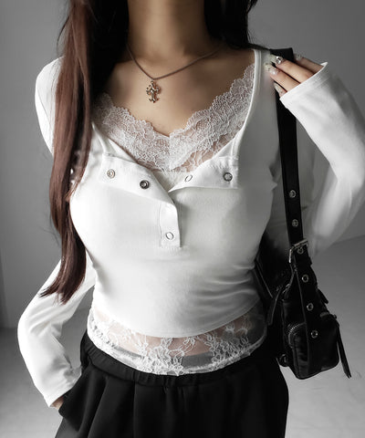 【 人気アイテムの長袖verが新登場！ 】レースレイヤードヘンリーネックスクエア長袖Ｔシャツ ／ lace layered henley neck square long sleeve T-shirt