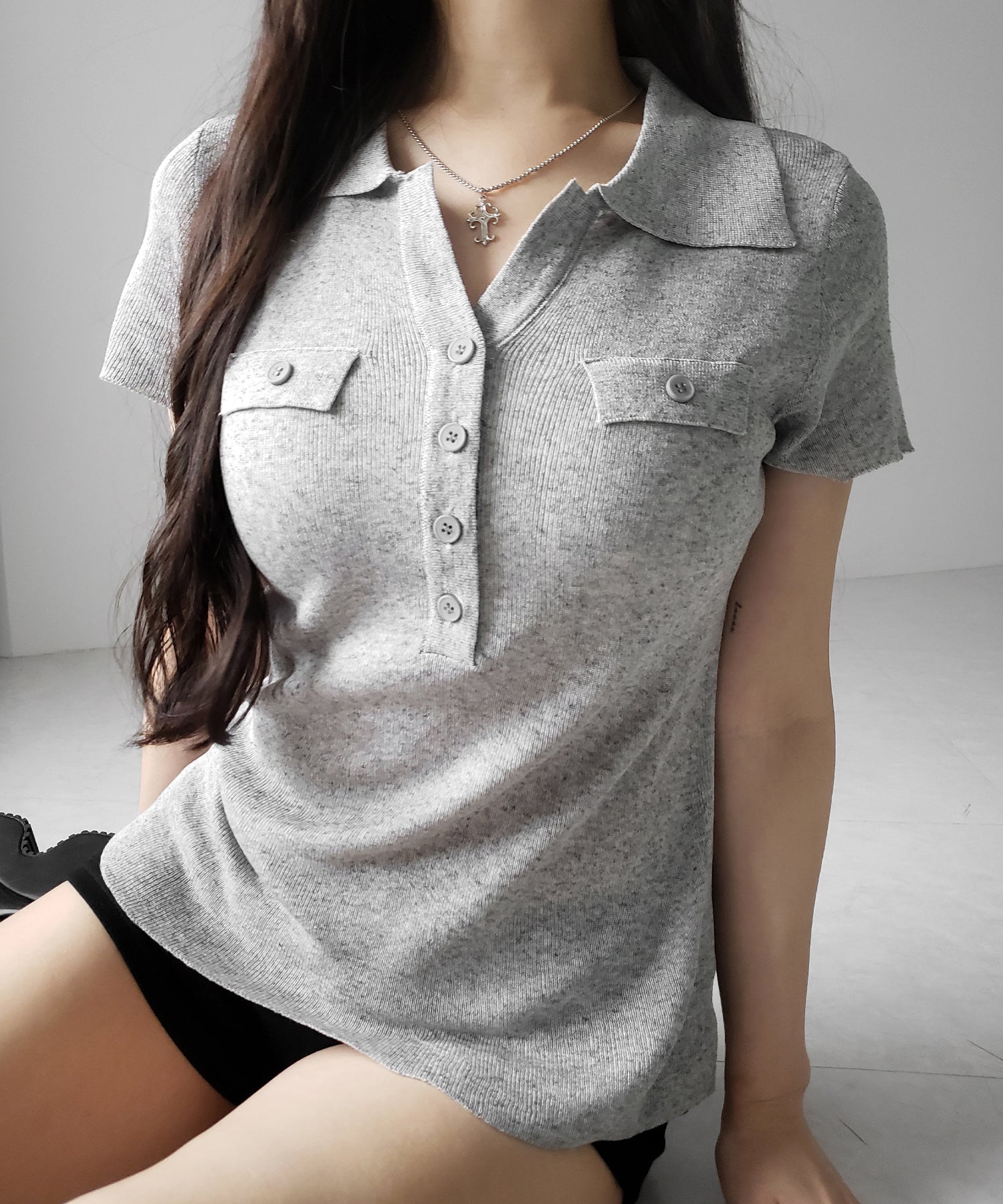 スキッパーボタンロングシアーニットトップス ／ skipper button long sheer knit tops