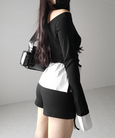 【 ２color ／ ２WAY 】シャツドッキングサイドリボンワンショルトップス ／shirt docking side ribbon oneshoulder tops