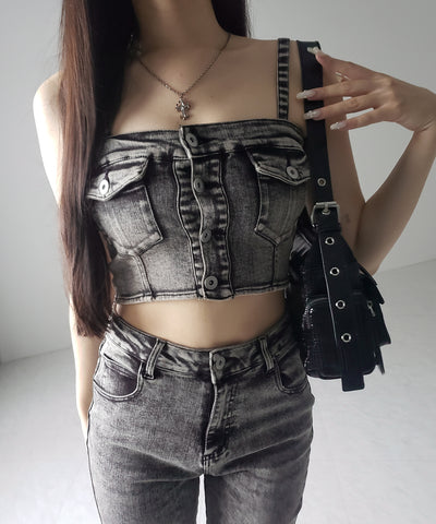 【 セットアップ 】ヴィンテージライクデニムビスチェ ＋ ストレッチフレアデニム SET ／ 【 SET UP 】 vintage like denim bustier + stretch flare denim