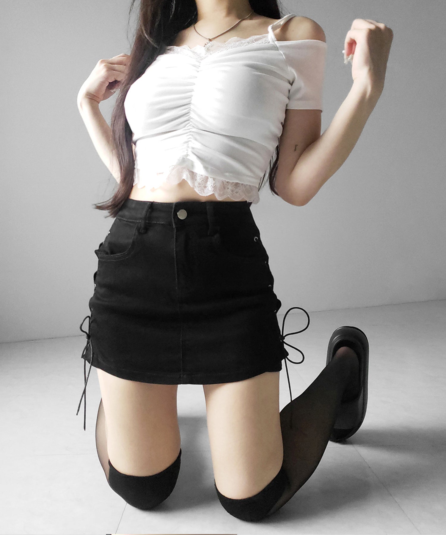 レースアップストレッチデニムミニスカパン ／ lace up stretch denim mini skirt pants