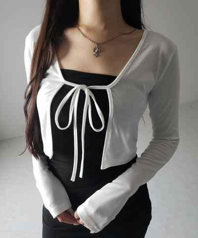 【 ２color 】フロントリボンカットソーショートカーディガン ／ front ribbon cutsew short cardigan