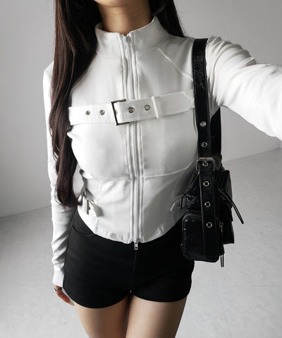 スタンドカラーベルテッドダブルジップスリムトップス ／ stand collar belted double zip slim tops