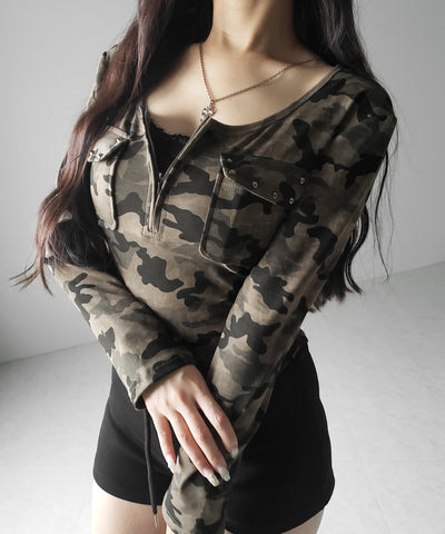 ヴィンテージカモフラアウトポケットジップロンT ／ vintage camouflage out pocket zip longsleeve T-shirt