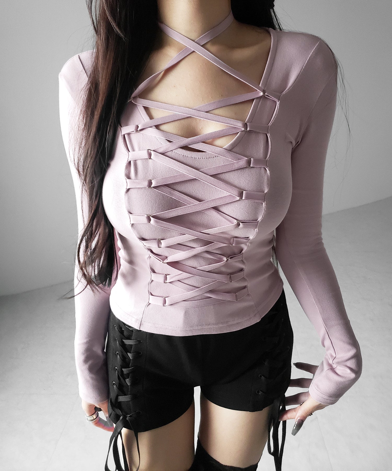 【 新色ピンク追加！ ／３WAY 】レースアップコルセットリボンチョーカートップス ／ lace up corset ribbon choker tops