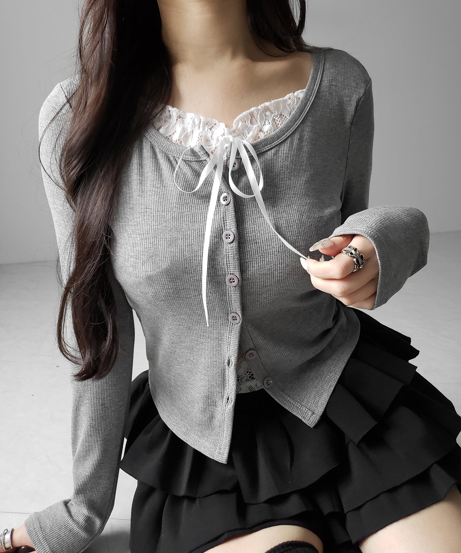 フロントリボンレースレイヤード長袖リブカーディガン ／front ribbon lace layered long-sleeve rib cardigan