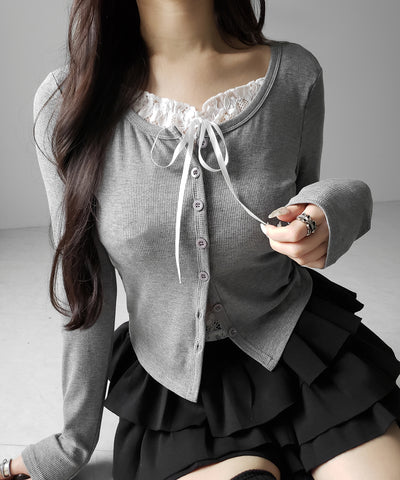 フロントリボンレースレイヤード長袖リブカーディガン ／front ribbon lace layered long-sleeve rib cardigan
