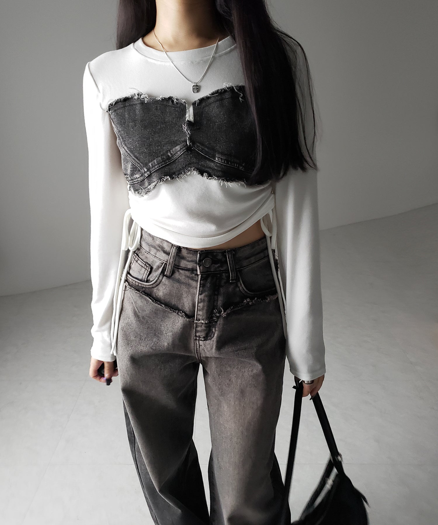 【 ２color 】サイドリボンダメージデニムドッキングＴシャツ ／ side ribbon damage denim docking Tee