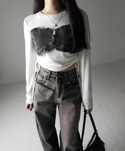 【 ２color 】サイドリボンダメージデニムドッキングＴシャツ ／ side ribbon damage denim docking Tee