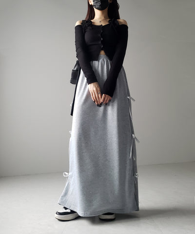 【 ２color 】３ストラップサイドリボンロングスウェットスカート／ three strap side ribbon long sweat skirt