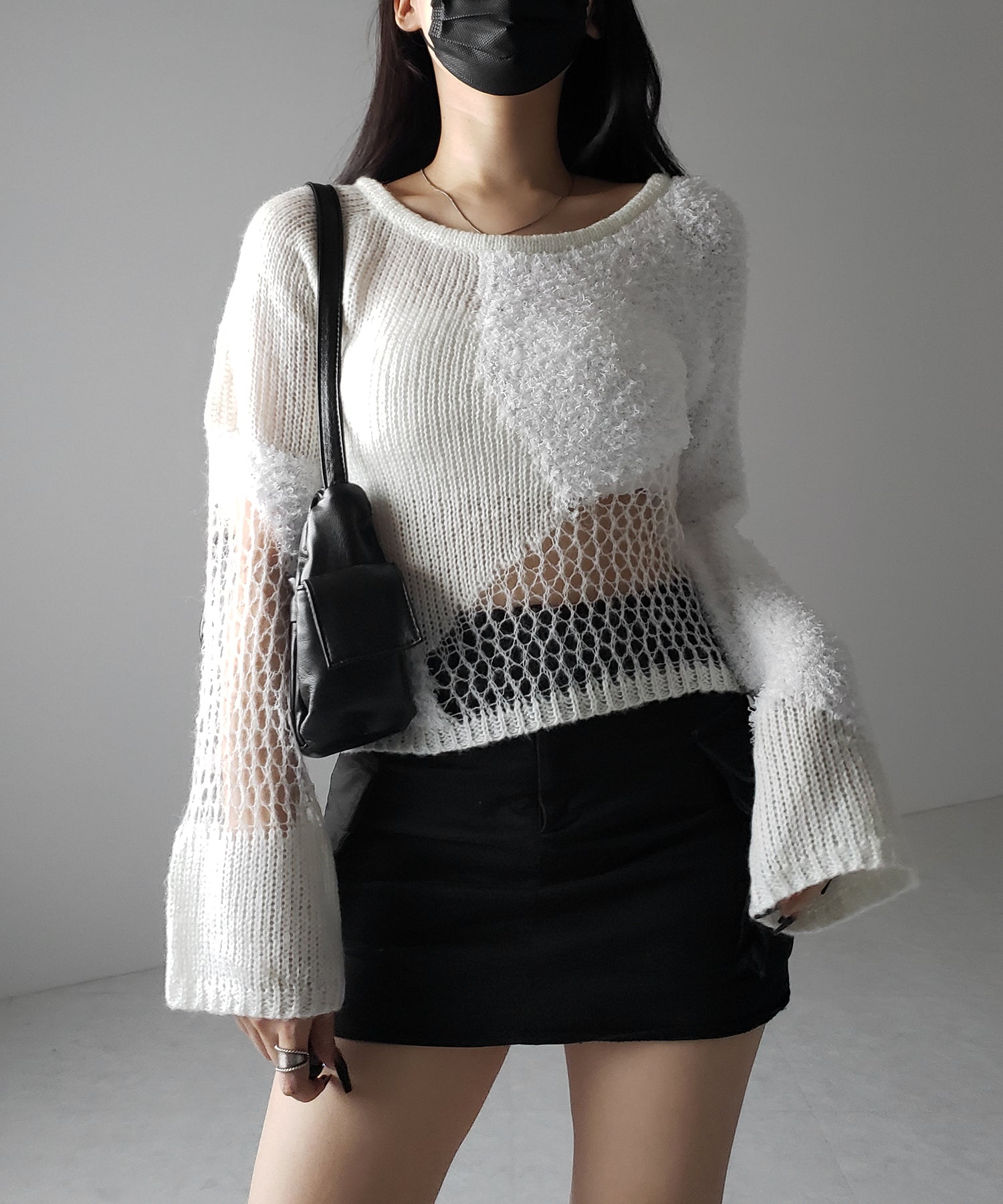 【 ２color 】異素材ドッキングスカシアミニットトップス ／ mixed material docking openwork knit tops
