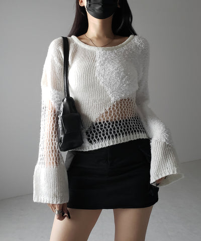 【 ２color 】異素材ドッキングスカシアミニットトップス ／ mixed material docking openwork knit tops