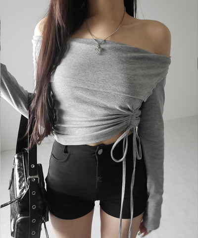 シャーリングリボンショートオフショルカットソートップス ／ shirring ribbon short off shoulder cutsew tops