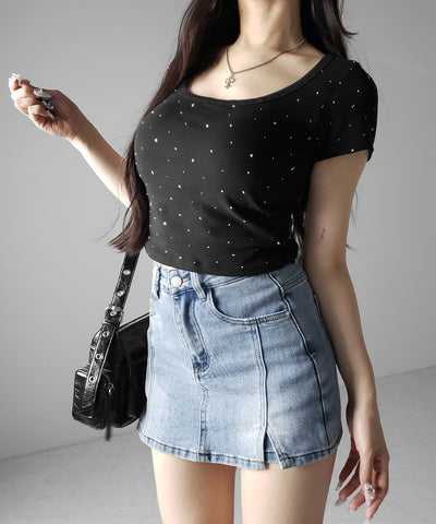 ミニスリットストレッチレイヤードデニムミニスカパン ／ mini slit stretch layered denim mini skirt pants