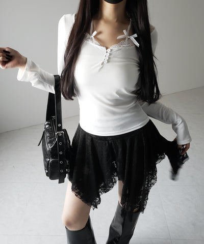 【 ２color 】ストラップダブルリボンレースカットソートップス ／ strap double ribbon lace cutsew tops