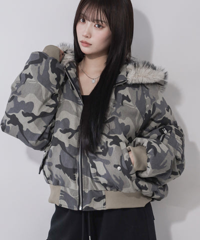 カモフラフェイクファーフーディ中綿ジャケット ／ camouflage fake fur hoodie down jacket