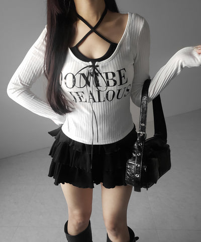 【 クロスネックにできる２WAY 】レースアップフェイクレイヤードロゴカットソートップス ／ laceup fake layered logo cutsew tops