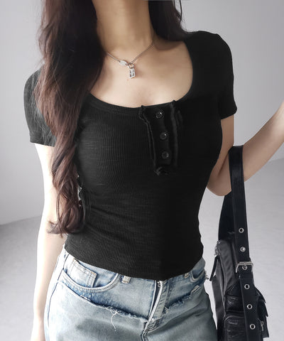 スクエアヘンリーネック半袖ピチＴシャツ ／square henley neck short sleeve pichi T-Shirt