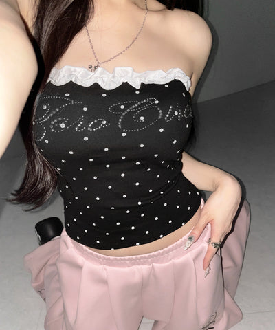 ラインストーンドットフリルベアトップス ／ Rhinestone dot frill bare tops