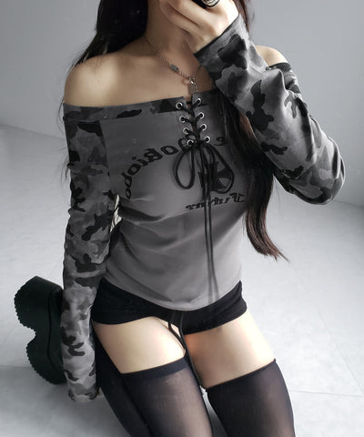 ヴィンテージカモフラロゴオフショルロンT ／vintage camouflage logo off-shoulder long-sleeve T-shirt