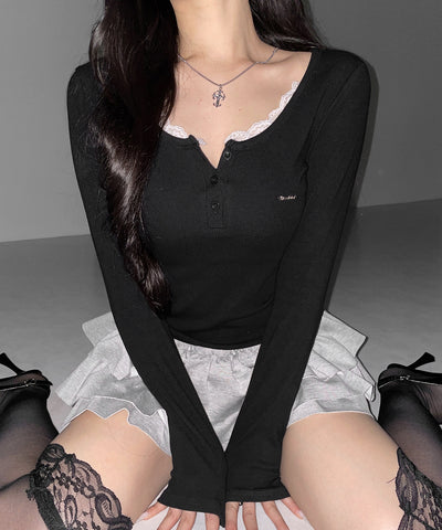 ヘンリーネックロゴプレートレースリブトップス ／　henley neck logo plate lace ribbed tops