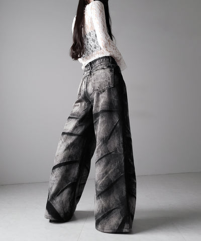 【 ４size 】CRACKクラッシュヘビーブリーチブラックワイドデニム ／ CRACK crash heavy bleach black wide denim