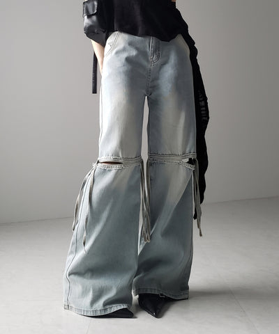 【 ４size ／ ２color 】カットアウトストラップヴィンテージルーズデニム ／ cutout strap vintage loose denim