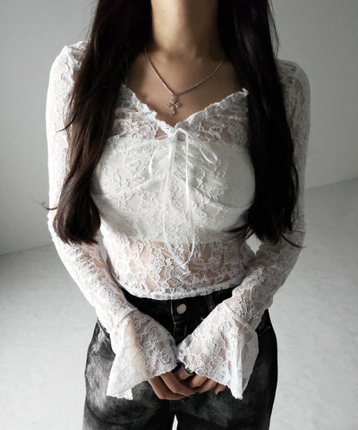 【 ２color ／２WAY 】フロントリボンオフショルスリムレーストップス ／ front ribbon off-shoulder slim lace tops