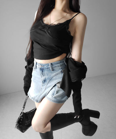 カーゴポケットレイヤードデニムミニスカパン ／ cargo pocket layered denim mini skirt pants