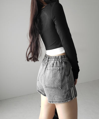 【 ２color 】サイドラインハイウエストデニムショートパンツ ／ sideline highwaist denim short pants