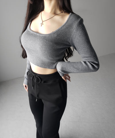 スクエアネックショートリブニットトップス ／ square neck short rib knit tops
