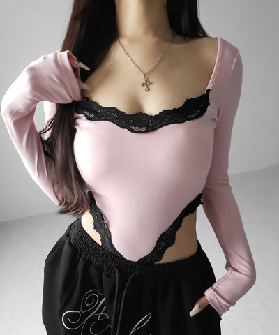 カットアウトレースポイントボディスーツトップス ／cutout lace point bodysuit tops