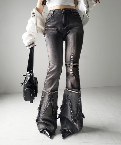 【 ２color ／ ４size 】クロスデザインヴィンテージライクフリンジストレッチフレアデニム ／ cross design vintage-like fringe stretch flare denim