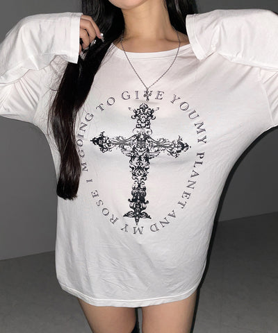 【 ワンショルにできる２ｗａｙ 】クロスロゴプリントワンショルルーズシアーＴシャツ ／ 2WAY cross logo print one shoulder loose sheer T-shirt