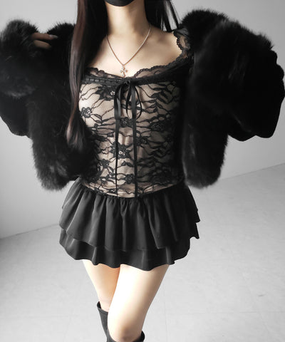 【 裏起毛 】フロントリボンレースレイヤードスクエアネックトップス ／ urakimo front ribbon lace layered square neck