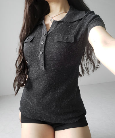スキッパーボタンロングシアーニットトップス ／ skipper button long sheer knit tops