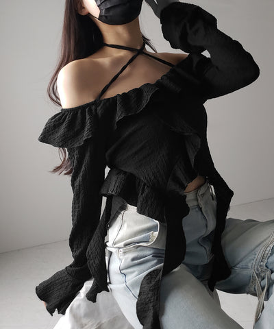 【 ２color 】クロスストラップリボンオフショルダーフリルブラウス ／ cross strap ribbon off shoulder frill blouse