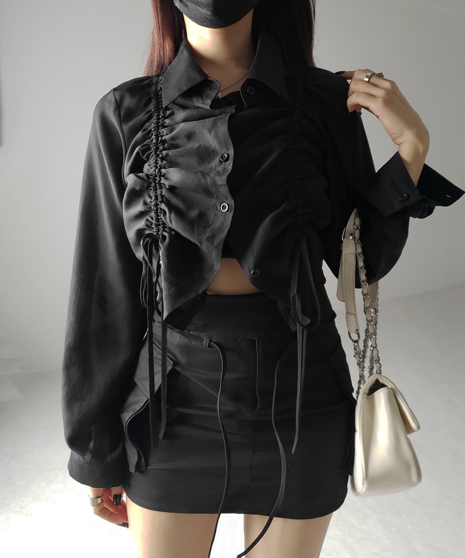 【 ３color 】ダブルリボンシャーリングショートシアーシャツ ／ double shirring ribbon short sheer shirts
