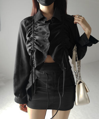 【 ３color 】ダブルリボンシャーリングショートシアーシャツ ／ double shirring ribbon short sheer shirts