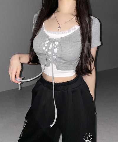半袖レースアップリボンショートトップス ＋ レースキャミ SET ／ lace up ribbon short sleeve tops + lace cami SET