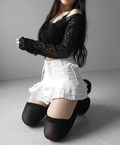 【 インパン裏地付 】レースアップブラックフリルミニスカート ／ laceup black frill mini skirt