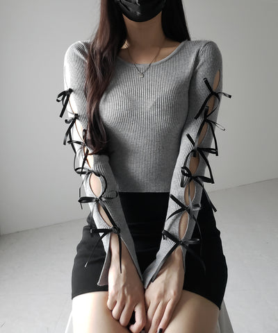 【 ２color 】カットアウトリボンショートリブニット ／ cut out ribbon short rib knit