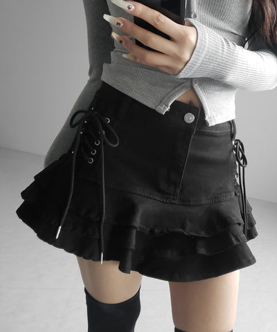 【 インパン裏地付 】レースアップブラックフリルミニスカート ／ laceup black frill mini skirt