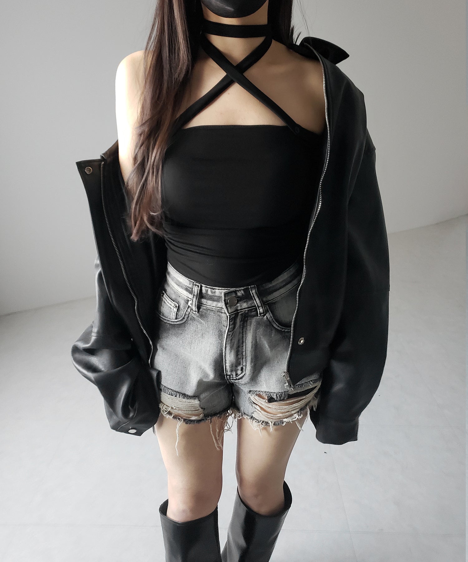 【 ３color ／ カップ付 】ロングチョーカークロスネックキャミソール ／ long choker cross neck camisole