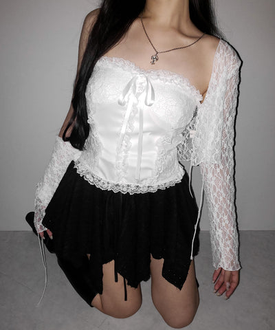 フロントリボンレースフリルコルセットベアトップ ／ front ribbon lace frill corset bare top