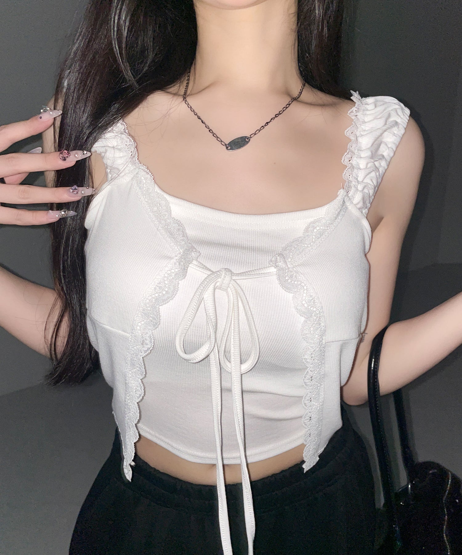 フロントリボンレイヤードリブキャミタンク ／ front ribbon layered lib camisole tank