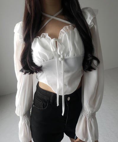 【 ２color ／ ２WAY 】フロントリボンクロスネックオフショルシフォンブラウス ／ front ribbon cross neck off-shoulder chiffon blouse
